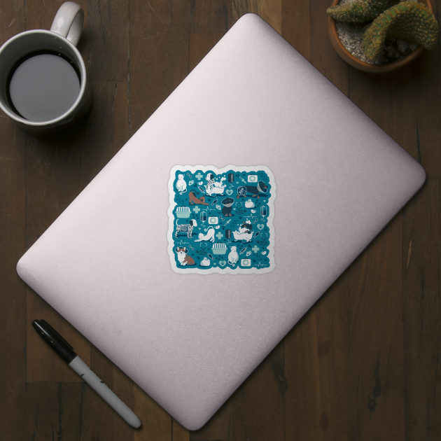 Veterinary medicine, happy and healthy friends // turquoise background aqua details navy blue white and brown cats dogs and other animals by SelmaCardoso